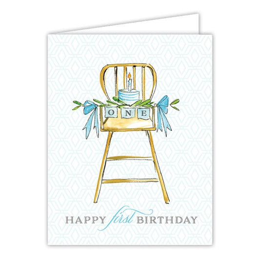 Happy First Birthday High Chair with Cake blue Greeting Card