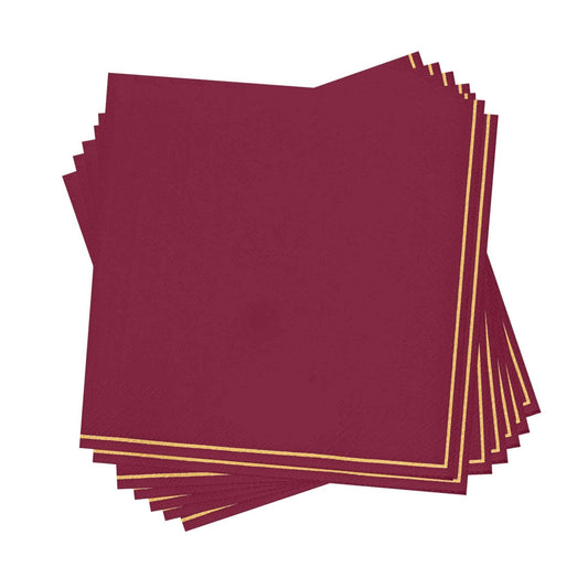 Cranberry with Gold Stripe Paper Napkins 6.5" x 6.5"