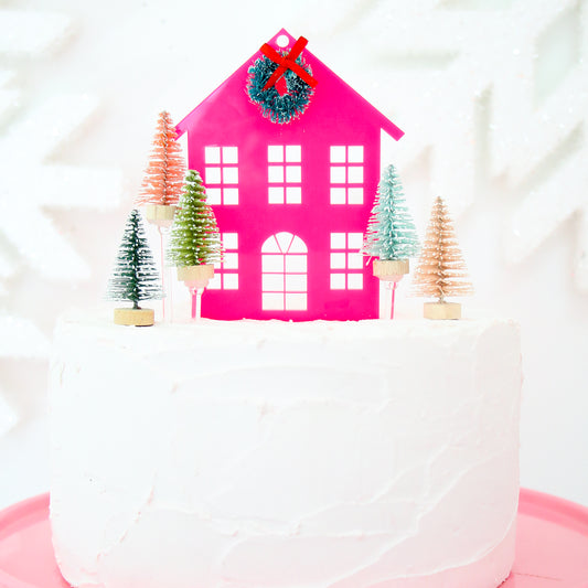 Pink Holiday House Acrylic Christmas Cake Topper