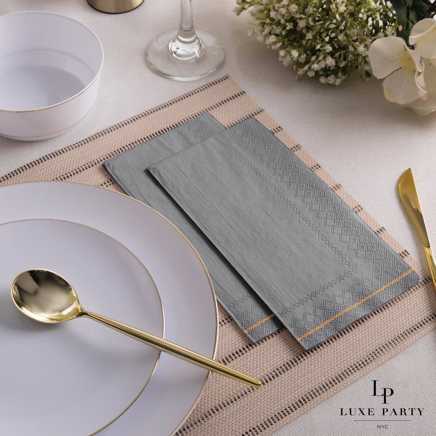 Grey with Gold Stripe Guest Paper Napkins | 16 Napkins