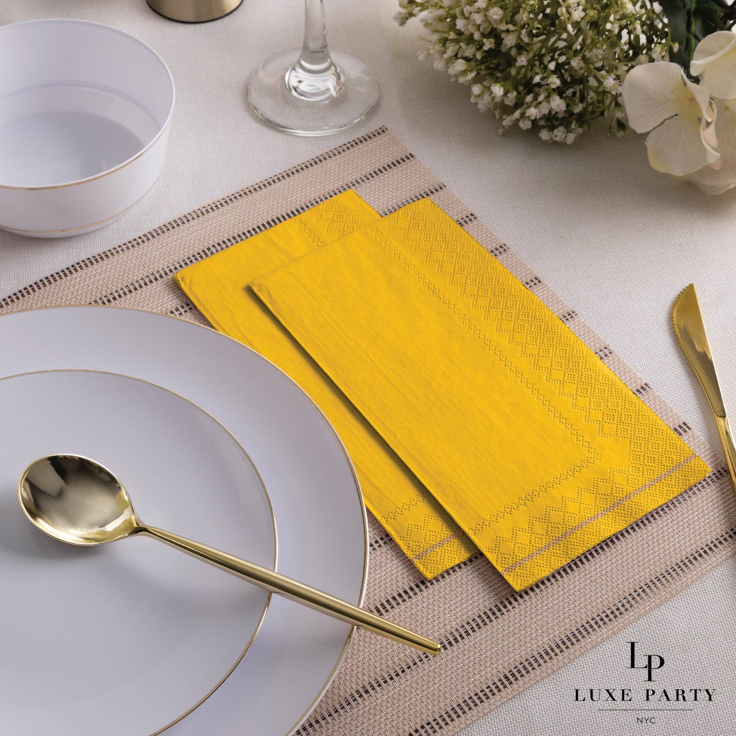 Yellow with Gold Stripe Paper Dinner Napkins | 16 Napkins