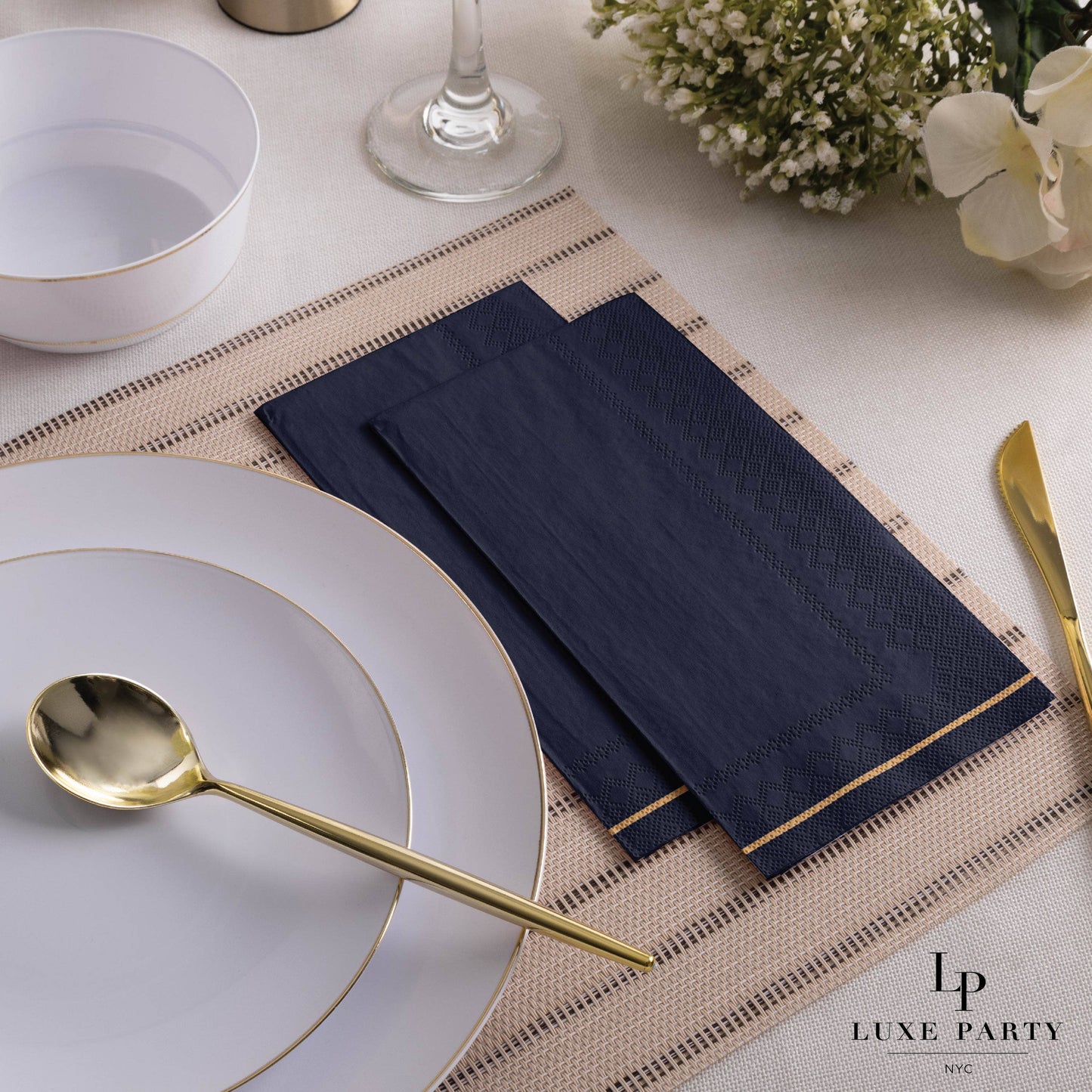 Navy with Gold Stripe Guest Paper Napkins | 16 Napkins