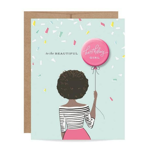 Birthday Girl Button Birthday Card - Curls