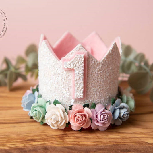 White Glitter Birthday Crown With Pastel Color Flowers