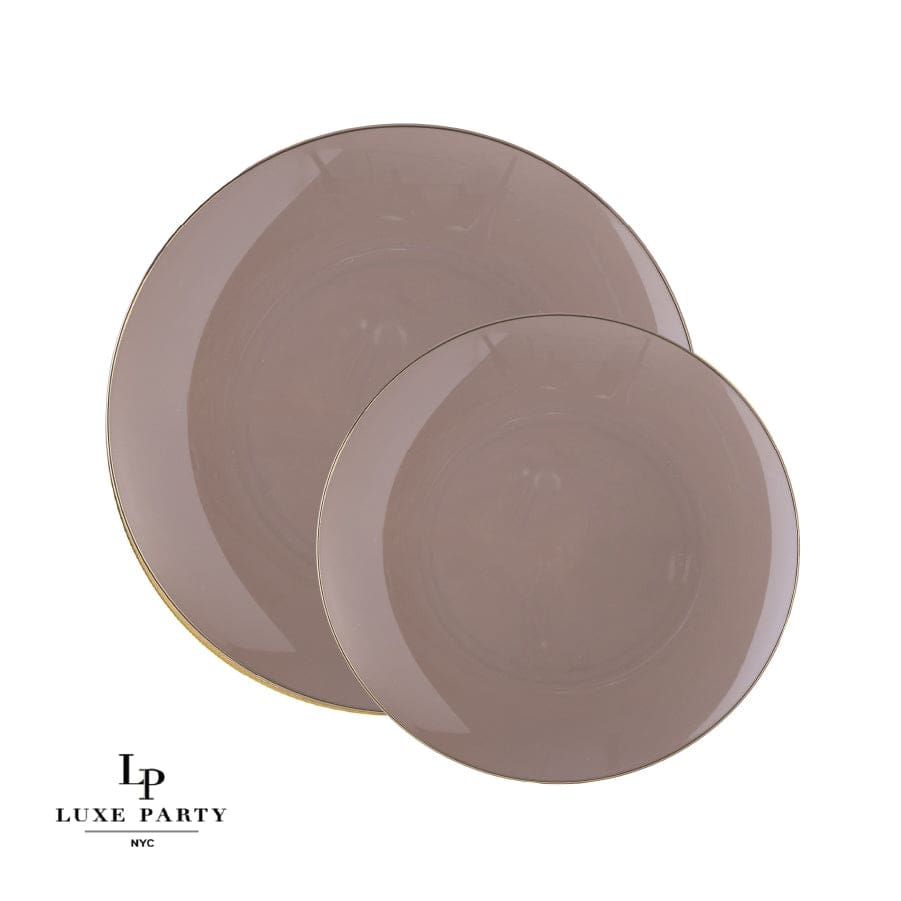 Round Taupe • Gold Plastic Plates | 10 Pack: 7.25" Appetizer Plates