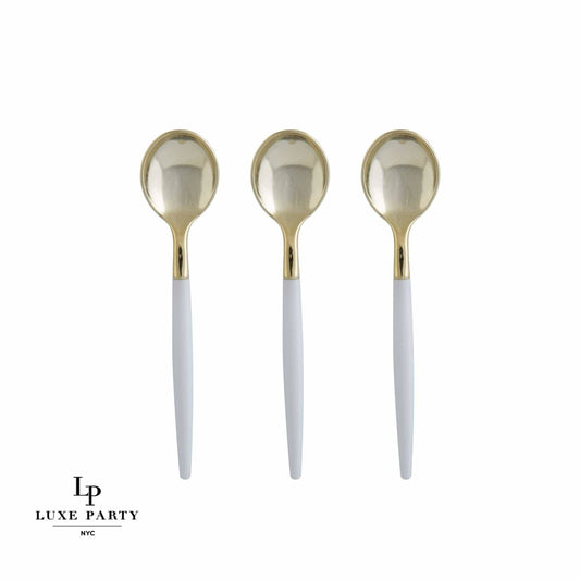 White and Gold Plastic Mini Spoons | 20 Spoons