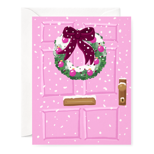 Snowy Pink Door Hand Drawn Illustrated Christmas Card