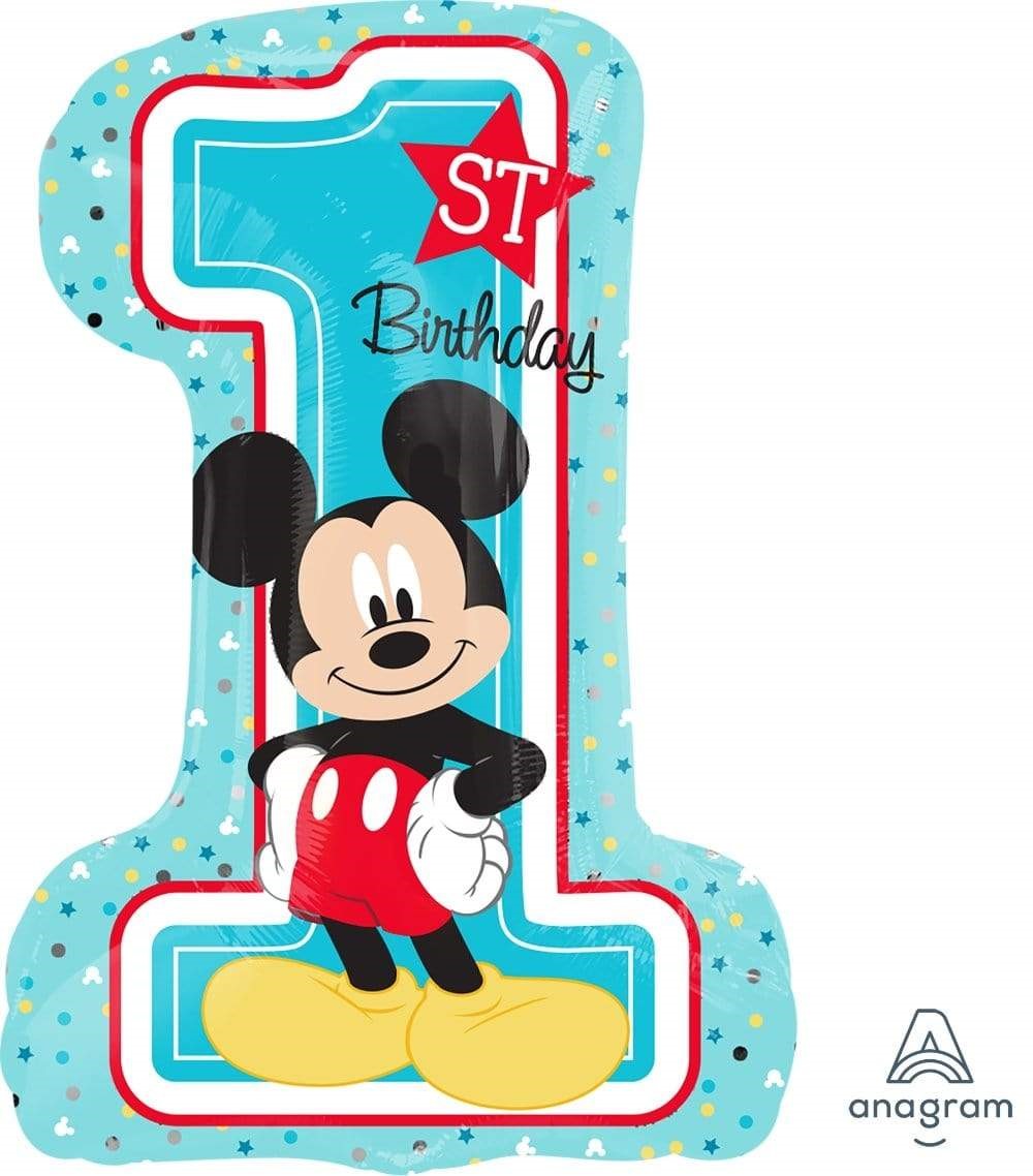A Mickey Mouse Happy Birthday Mylar balloon